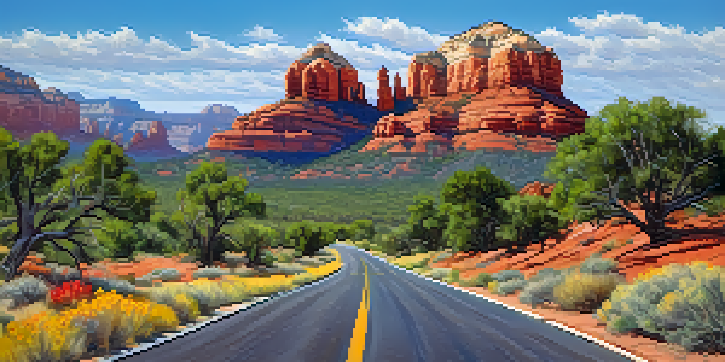 A picturesque landscape of the Red Rock Scenic Byway with red rock formations and blooming wildflowers.