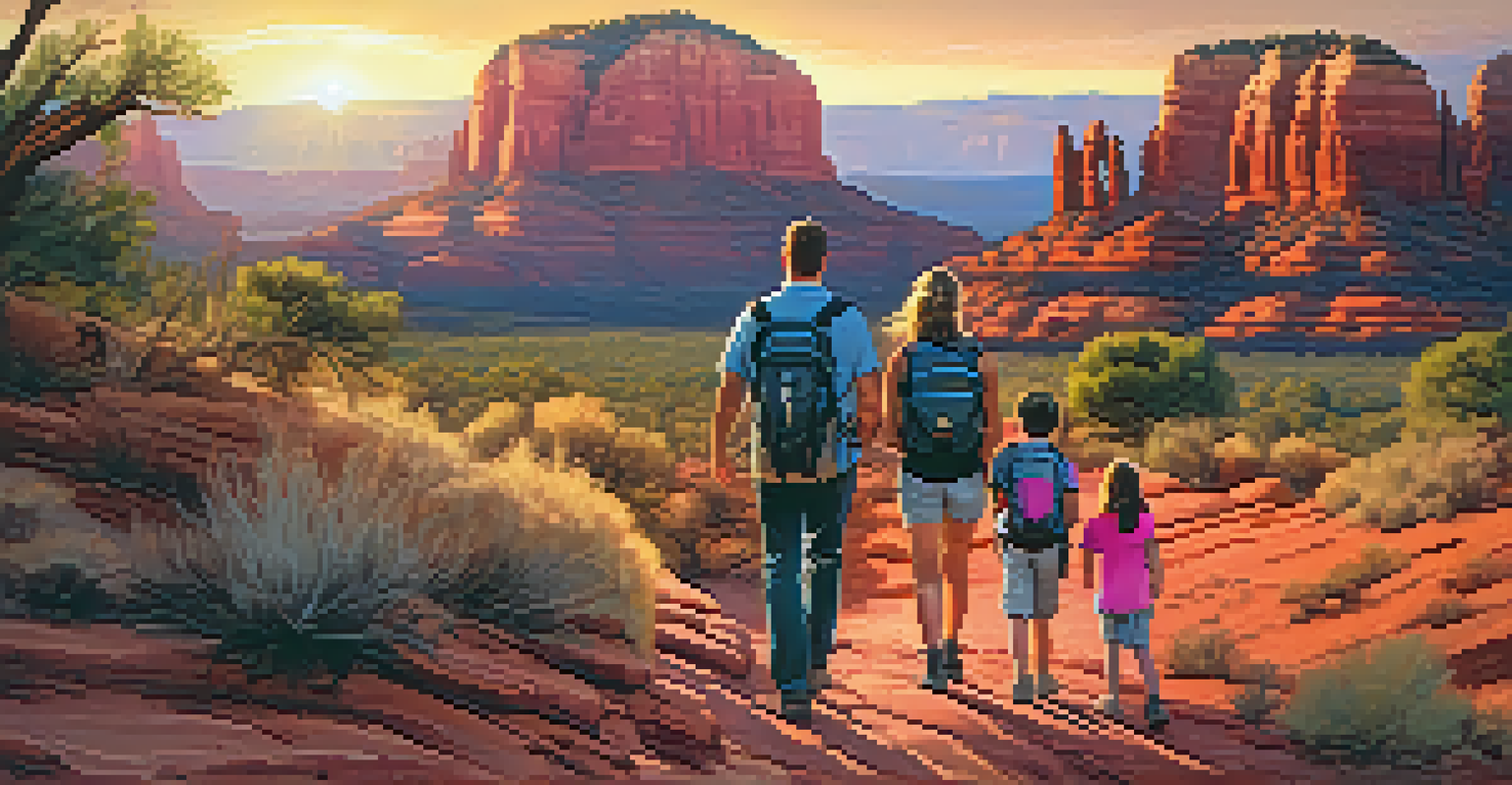 A family hiking on a trail in Sedona, with red rock formations and a colorful sunset in the background.
