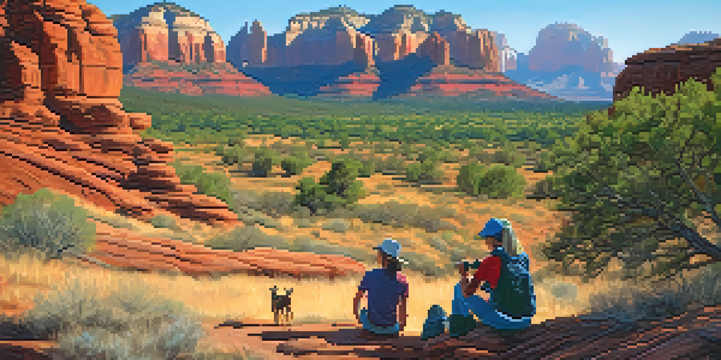 A family watching deer in Red Rock State Park, surrounded by red rock formations and colorful wildflowers.