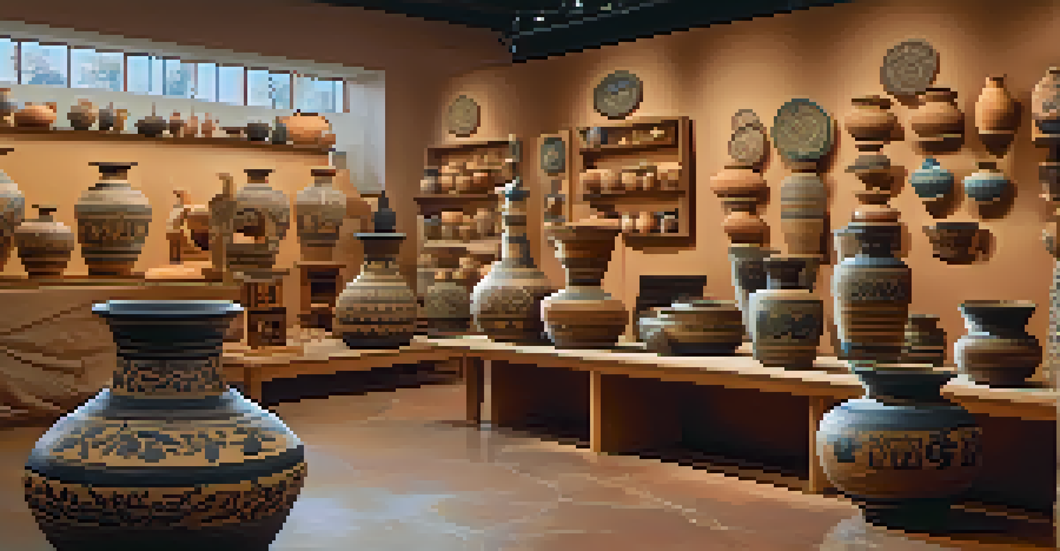 An interior view of a pottery gallery showcasing a variety of pottery styles and local art.