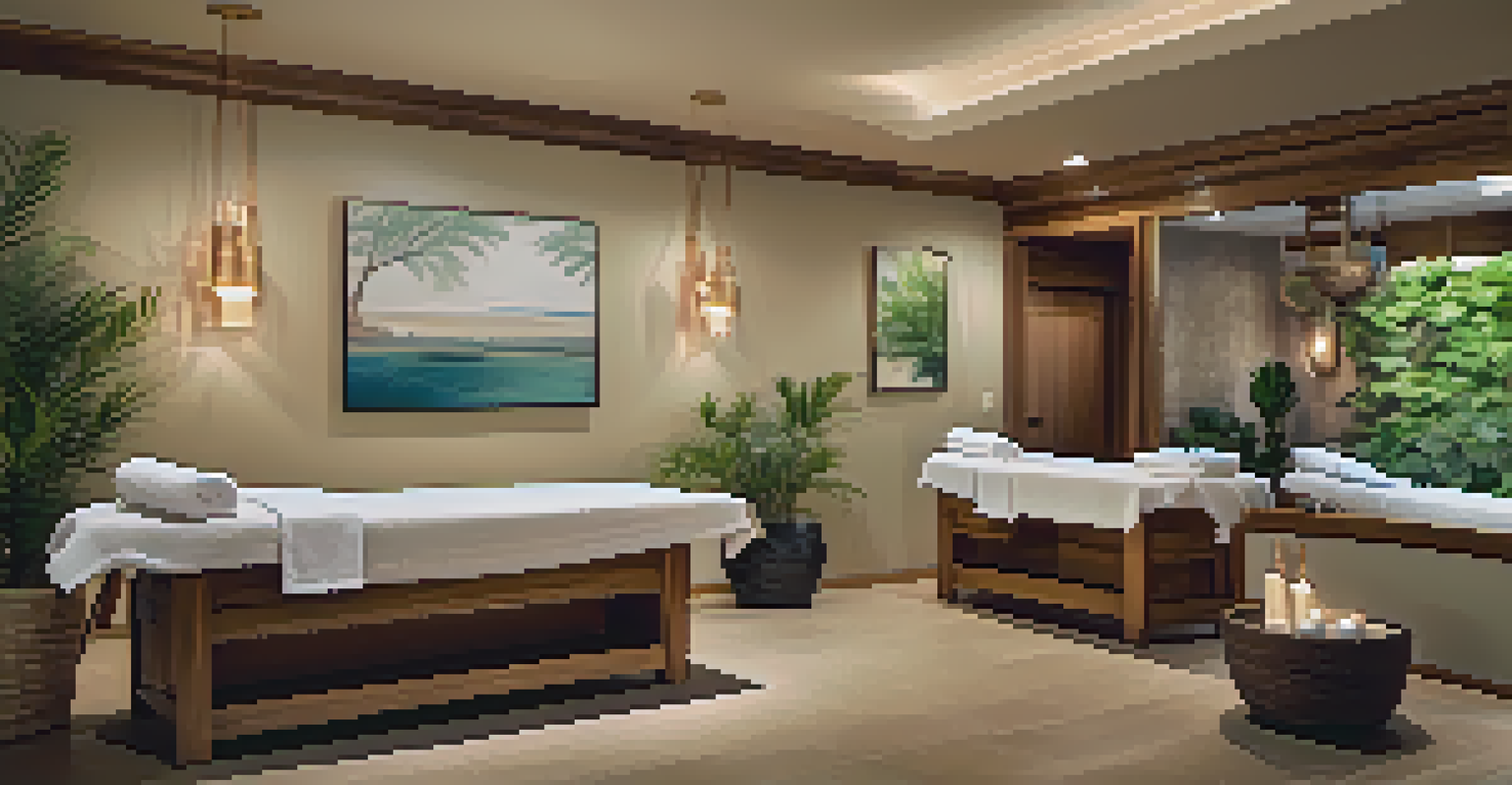 An inviting spa treatment room with natural wood accents, soft lighting, and calming decor, ready for a relaxing experience.