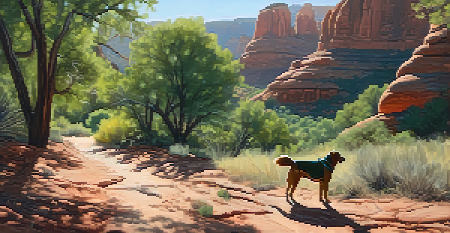 A peaceful hiking scene in Sedona with a dog and its owner on a scenic trail surrounded by red rocks and greenery.