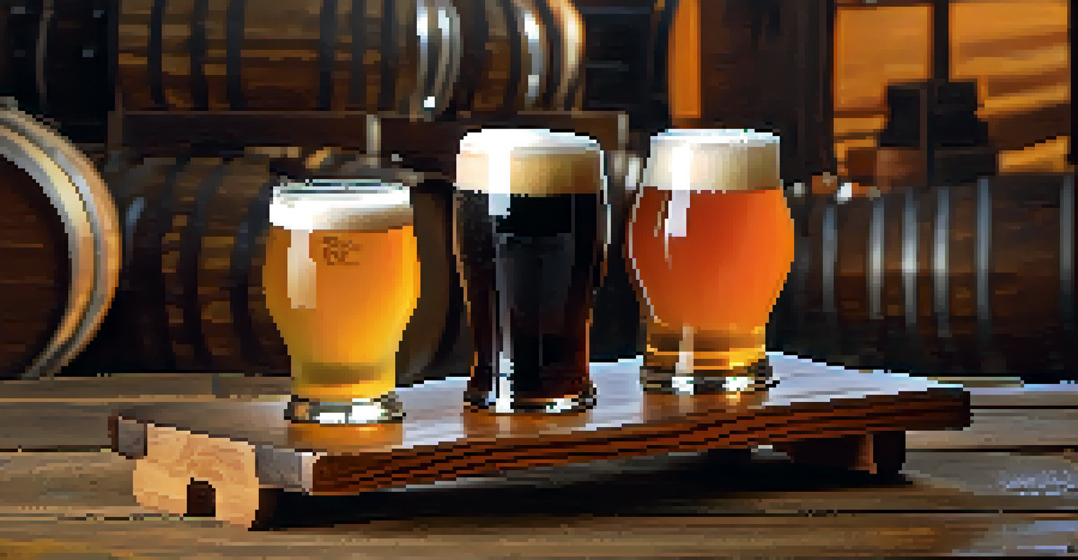 Close-up of a craft beer flight with various beer styles on a rustic table in a brewery setting.