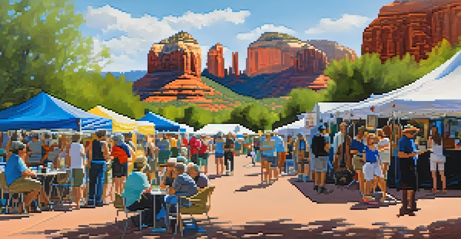 An outdoor community art fair in Sedona with colorful booths and diverse attendees enjoying local artwork under a clear blue sky.