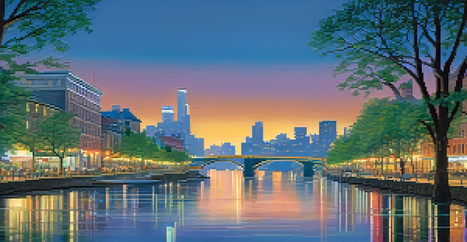 A lively cityscape at dusk with colorful lights reflecting in a calm river.