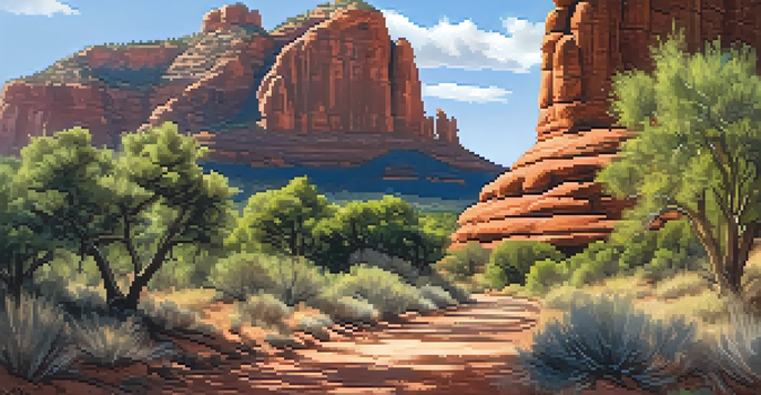 A family hiking along the Bell Rock Pathway with stunning red rock formations in the background, illuminated by sunlight.
