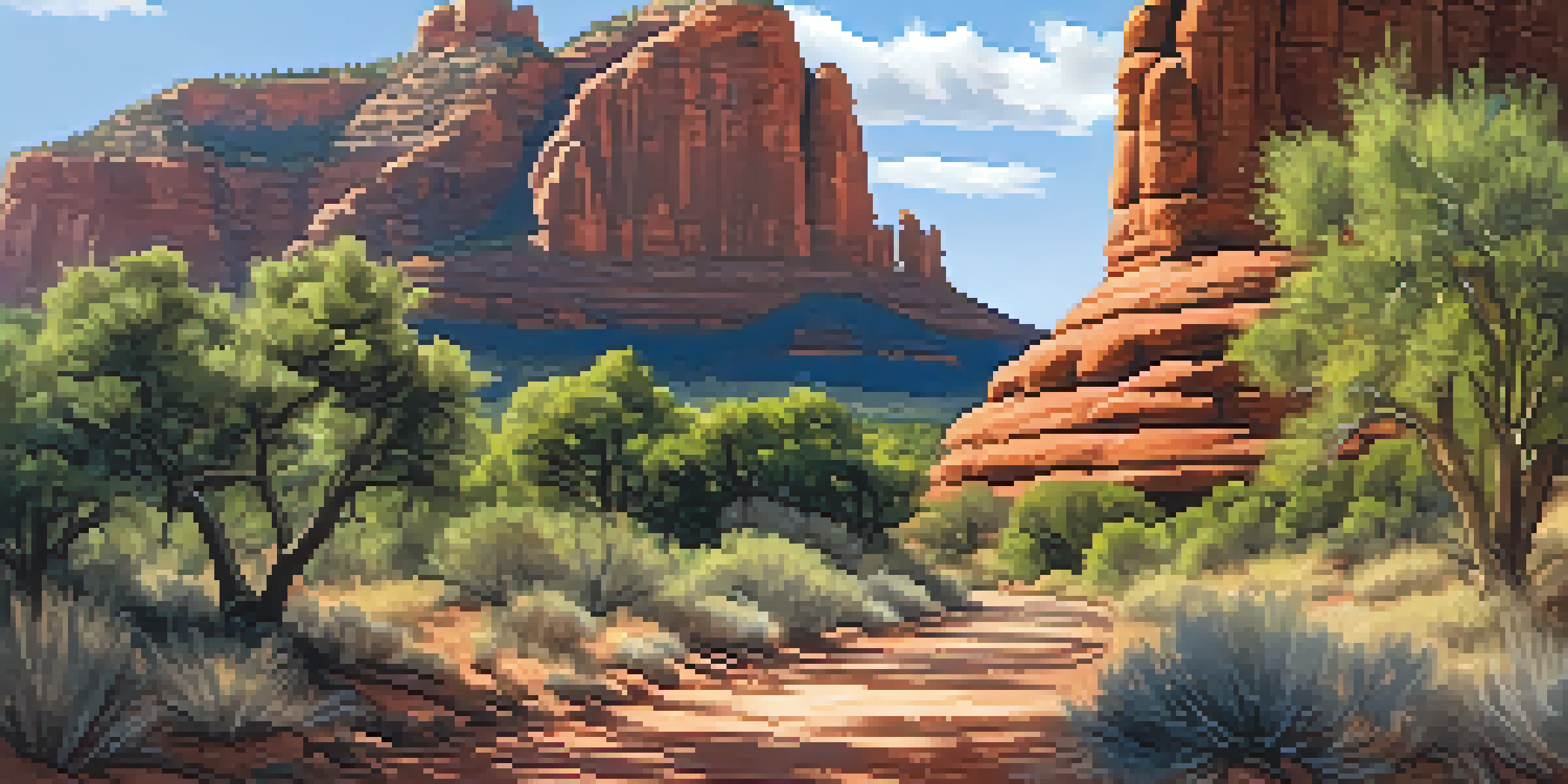 A family hiking along the Bell Rock Pathway with stunning red rock formations in the background, illuminated by sunlight.