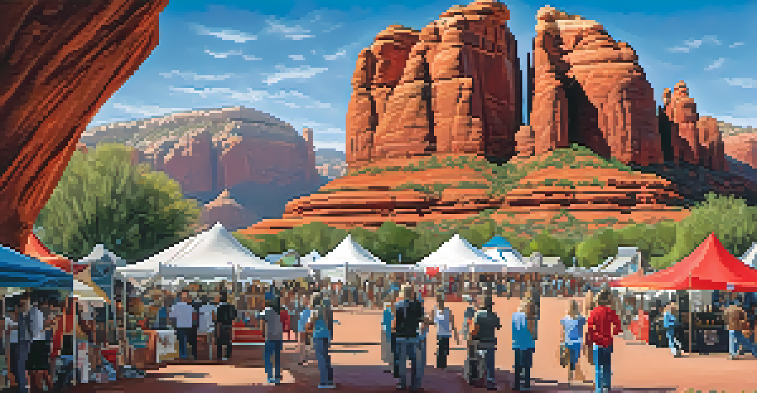 A colorful art festival in Sedona, with tents and handcrafted art pieces against the backdrop of red rock formations.