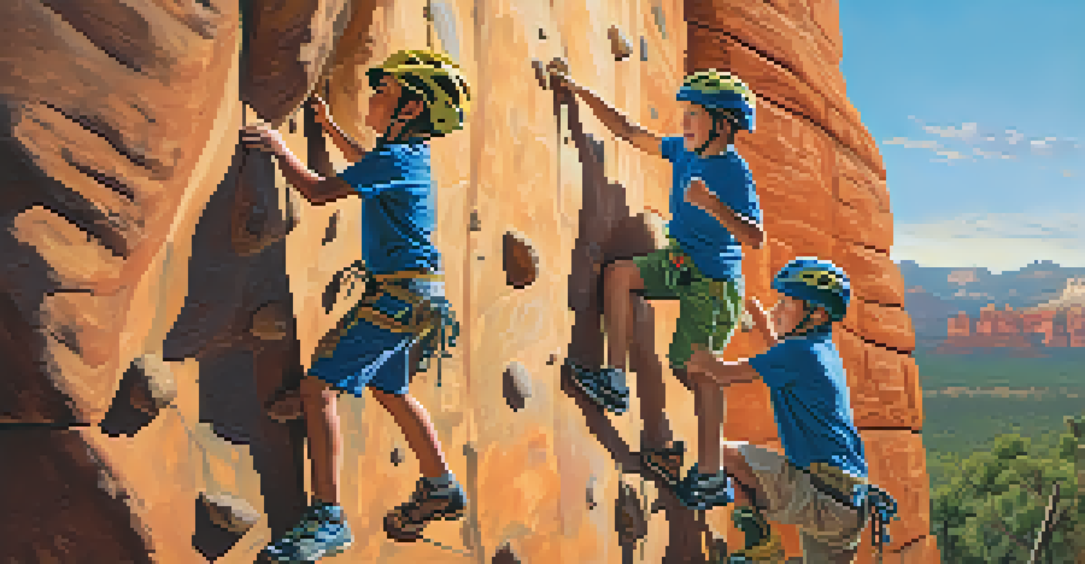 Kids climbing a rock wall at a sports camp in Sedona, showcasing determination against a backdrop of nature and a setting sun.