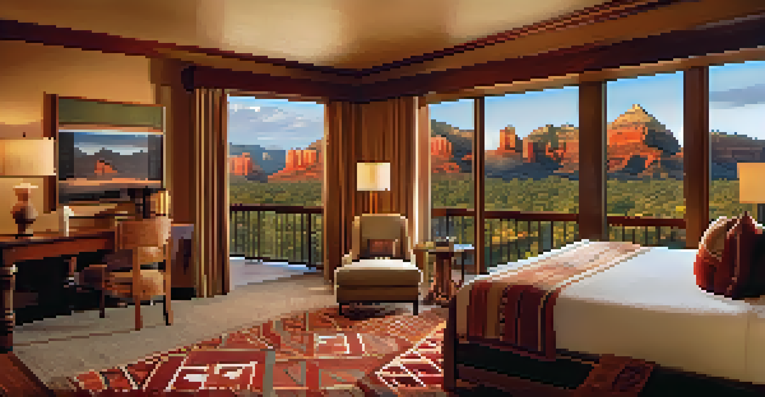 A luxurious hotel room with large windows showing red rock views, decorated with Native American motifs and warm colors.