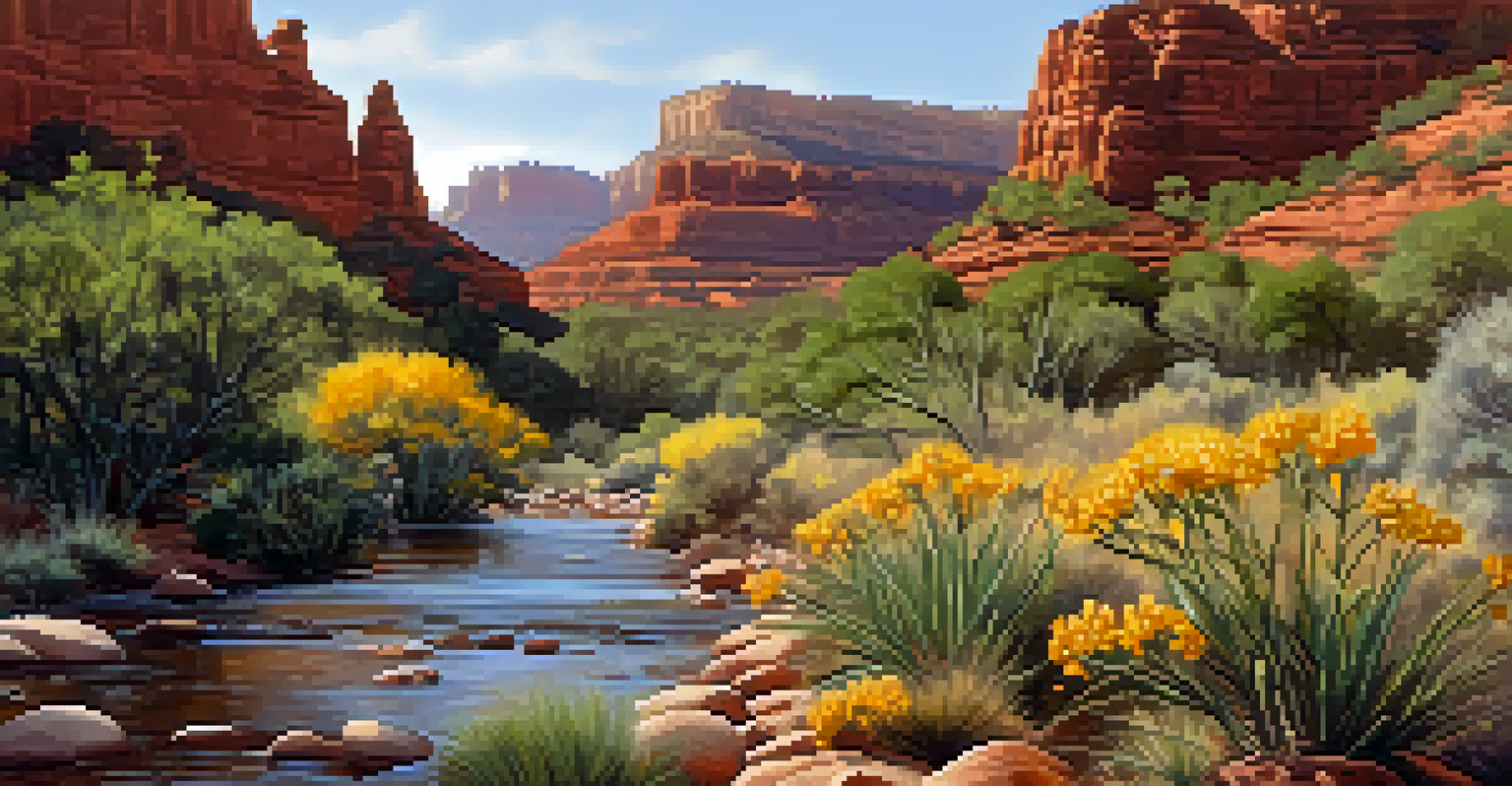 A close-up view of native plants and wildlife in Sedona's riparian zone, showcasing vibrant colors and textures.
