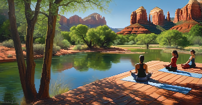 A peaceful scene showcasing Sedona's iconic red rocks, a stream, and people doing yoga amidst nature.