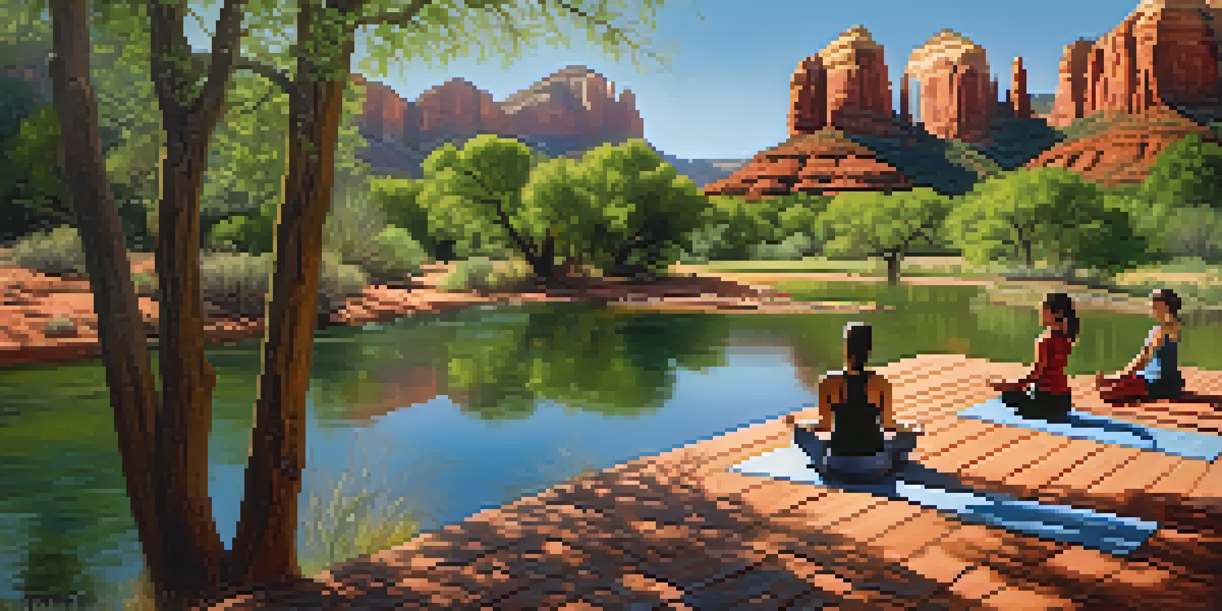 A peaceful scene showcasing Sedona's iconic red rocks, a stream, and people doing yoga amidst nature.
