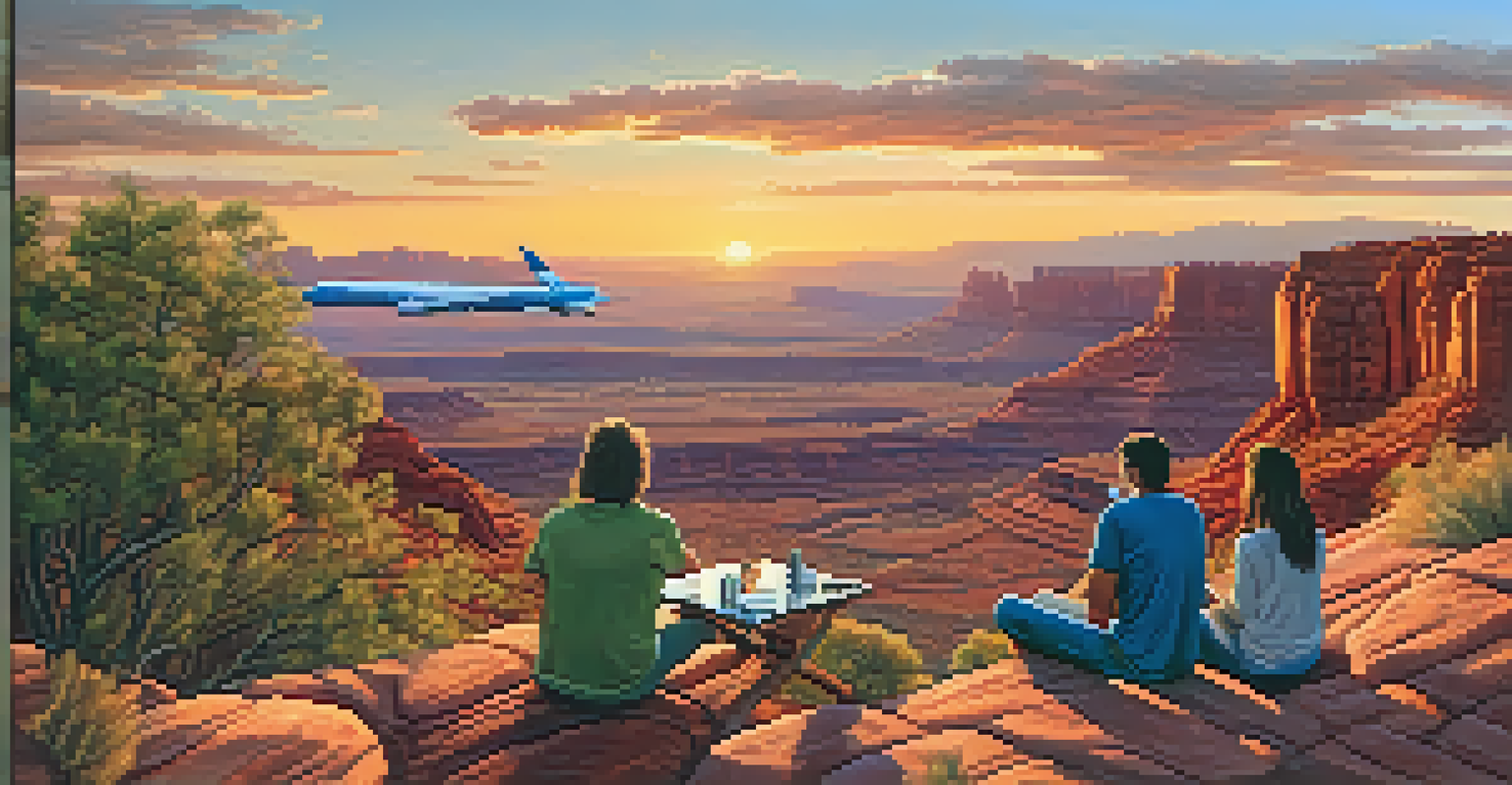 A couple enjoying a sunrise picnic on Airport Mesa with colorful sky and red rocks in the background.