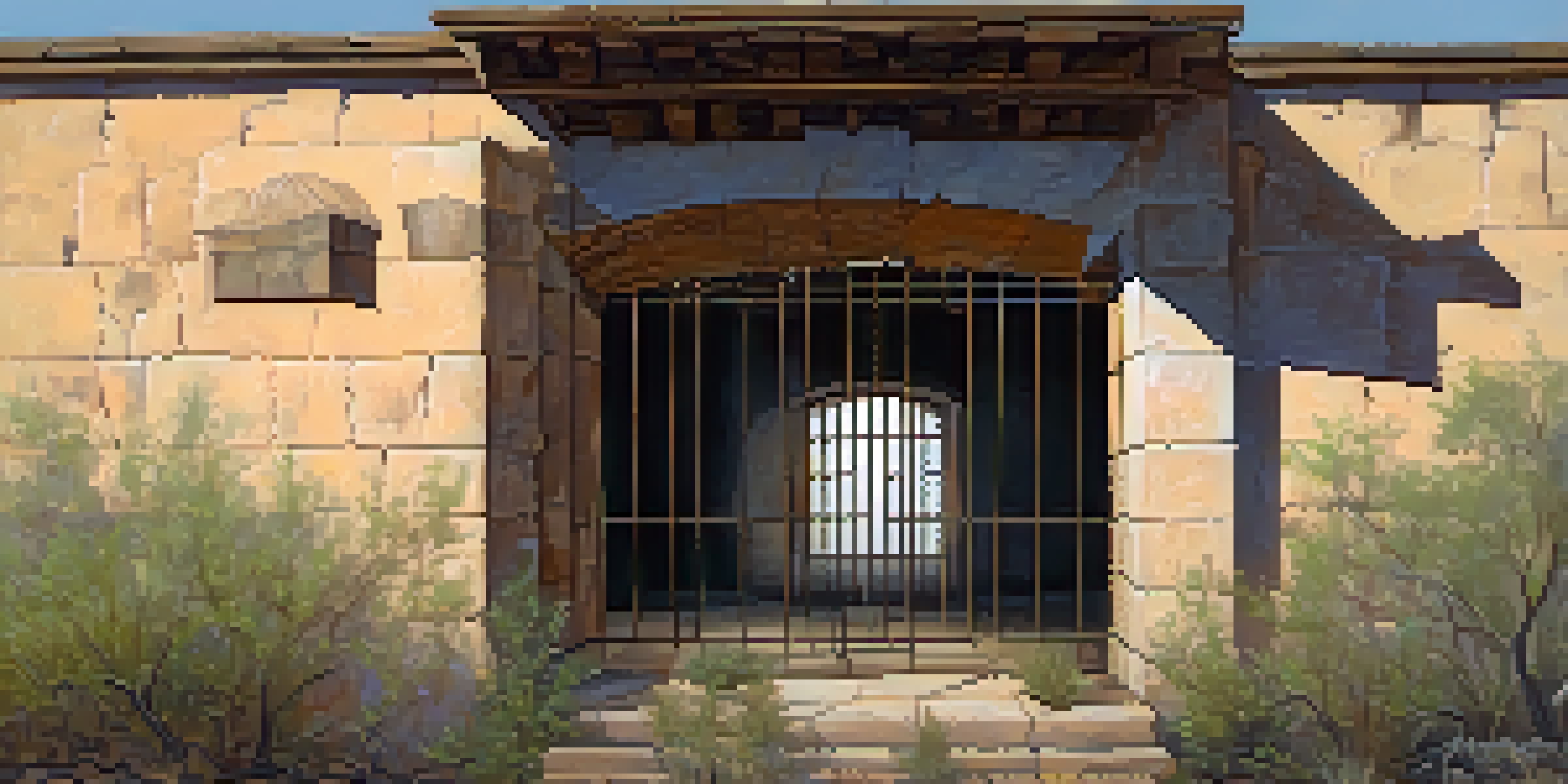 An old jail building at dusk with an eerie light, overgrown plants, and a ghostly figure in a window.