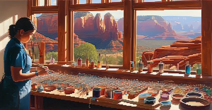 A jewelry-making workshop in Sedona with students working on their crafts, surrounded by beautiful natural scenery.