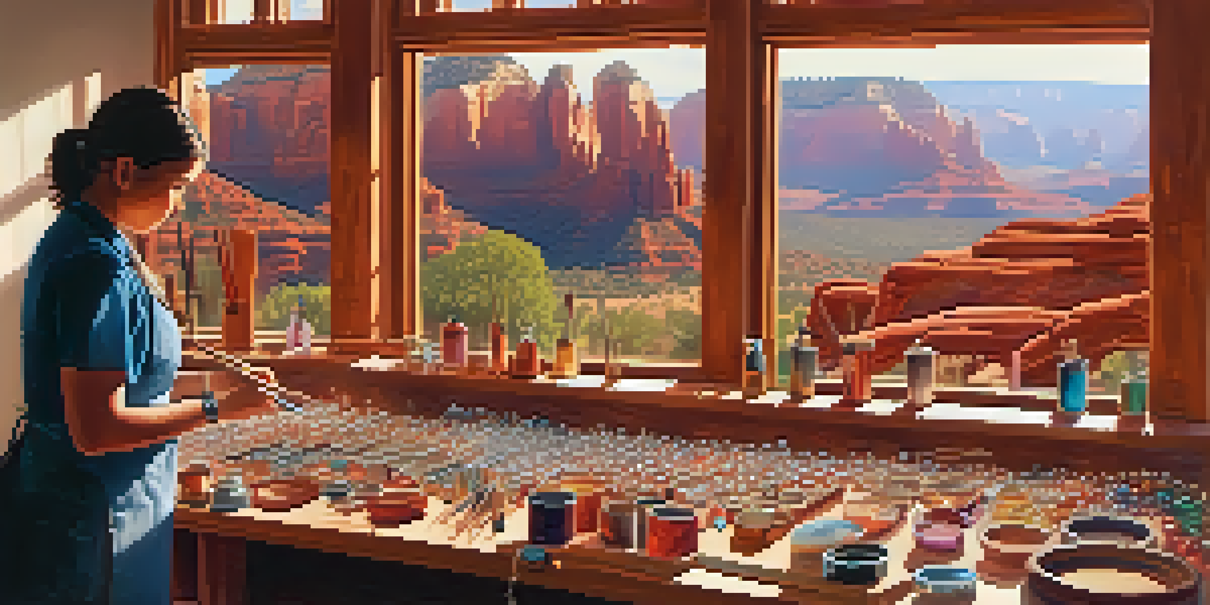 A jewelry-making workshop in Sedona with students working on their crafts, surrounded by beautiful natural scenery.