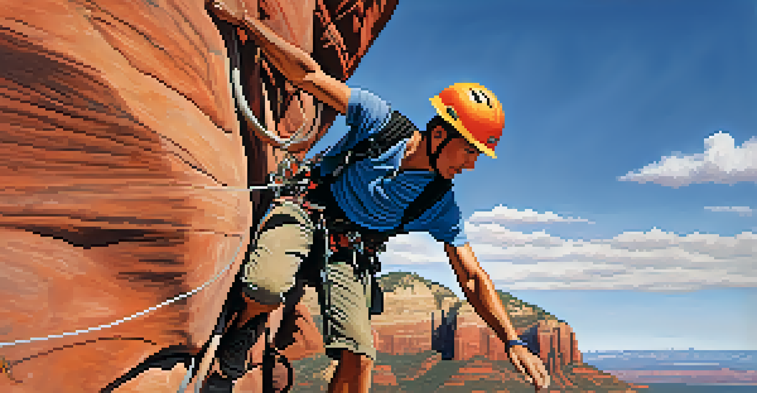 A climber ascending the sandstone face of Bell Rock in Sedona, showcasing determination against a backdrop of clear sky and red rock landscapes.