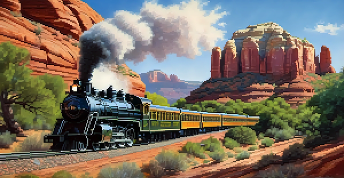 A vintage steam train traveling through Sedona's red rock landscape under a clear blue sky.