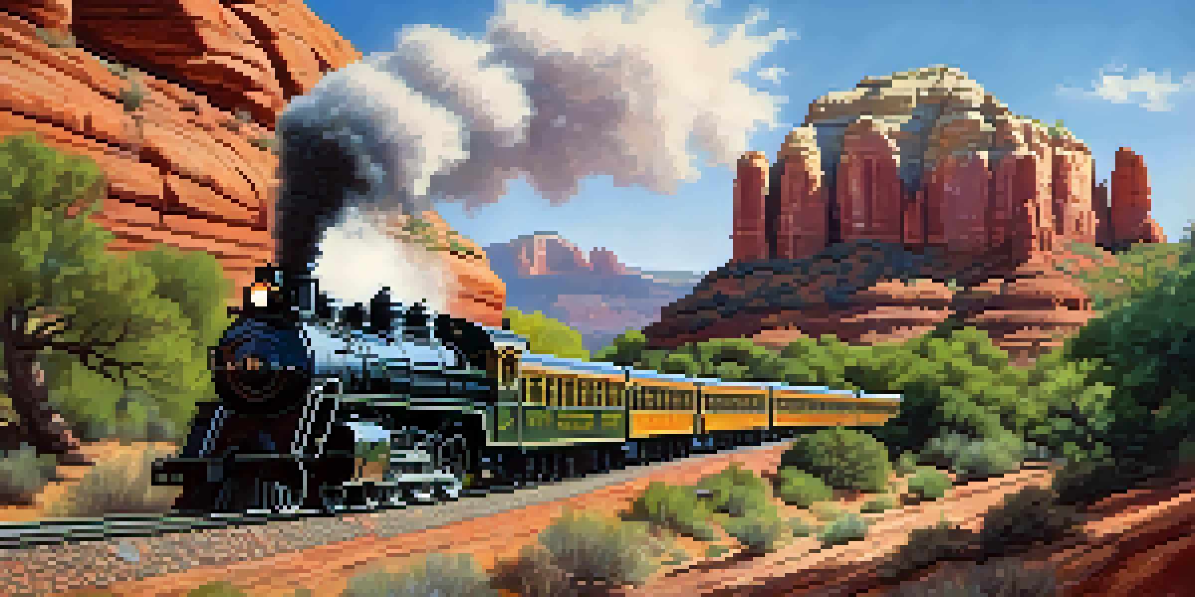 A vintage steam train traveling through Sedona's red rock landscape under a clear blue sky.
