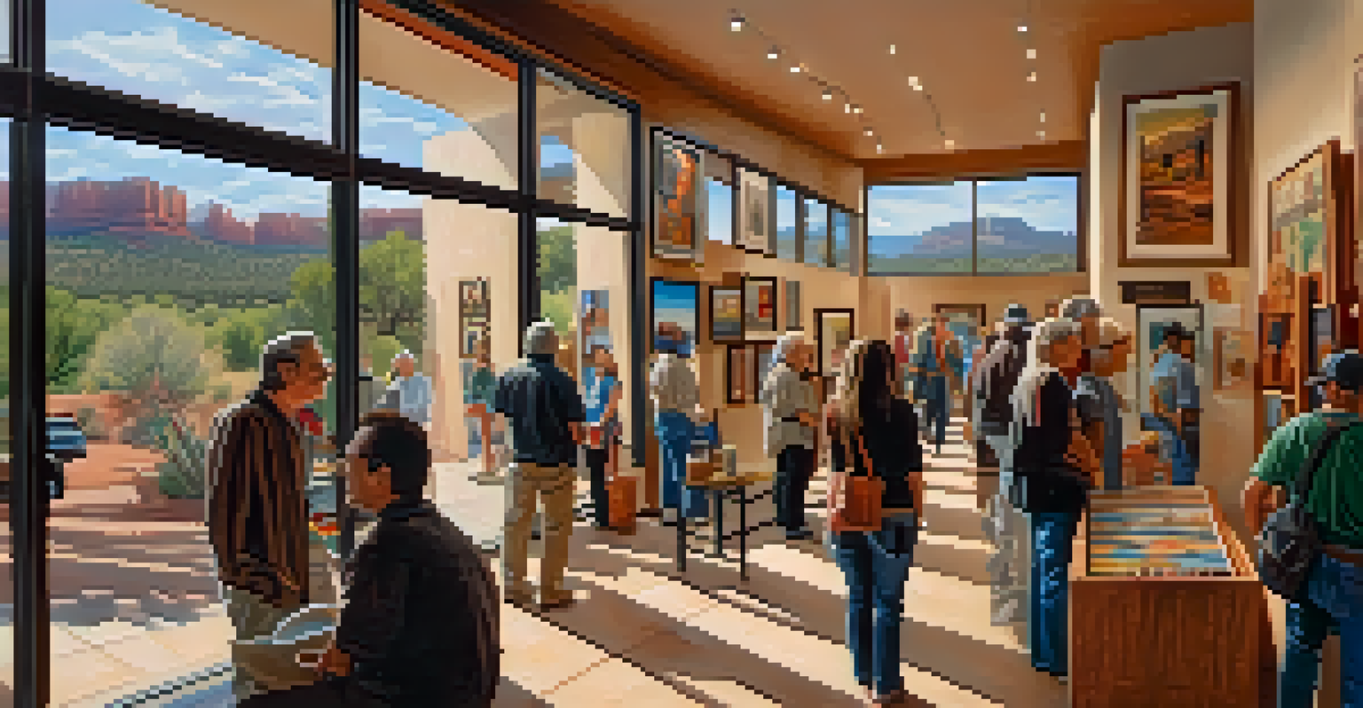 An interior view of a bustling art gallery in Sedona, filled with visitors admiring local artworks and crafts.