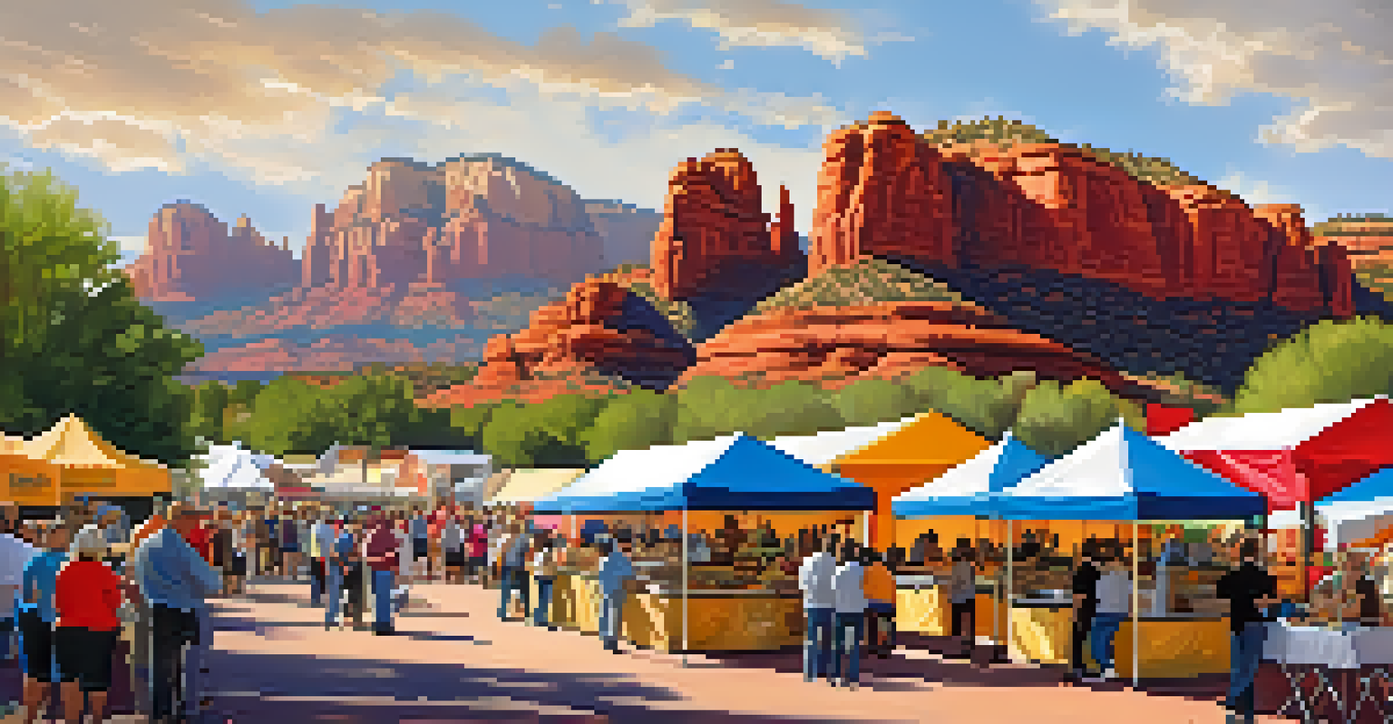An outdoor food festival in Sedona showcasing colorful booths with local dishes, surrounded by people enjoying the culinary event against the iconic red rock backdrop.