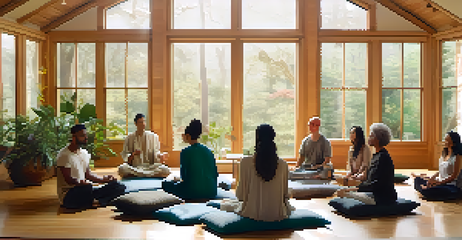 A meditation retreat center with a diverse group of people seated in a circle on cushions, surrounded by plants and natural light.
