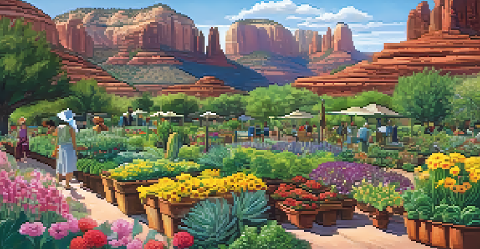 A community garden in Sedona with colorful flowers and vegetables, surrounded by red rock formations and people gardening together.