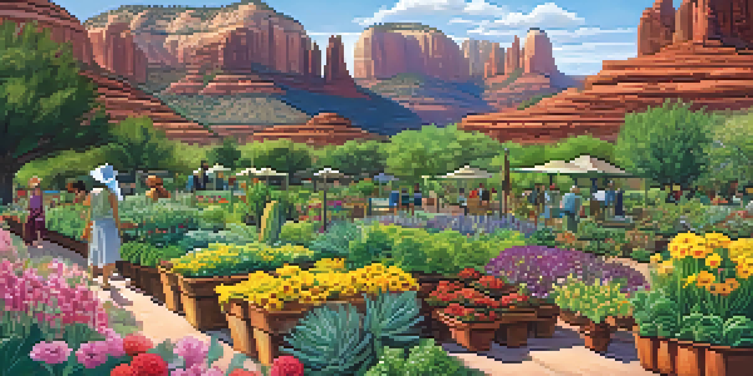 A community garden in Sedona with colorful flowers and vegetables, surrounded by red rock formations and people gardening together.