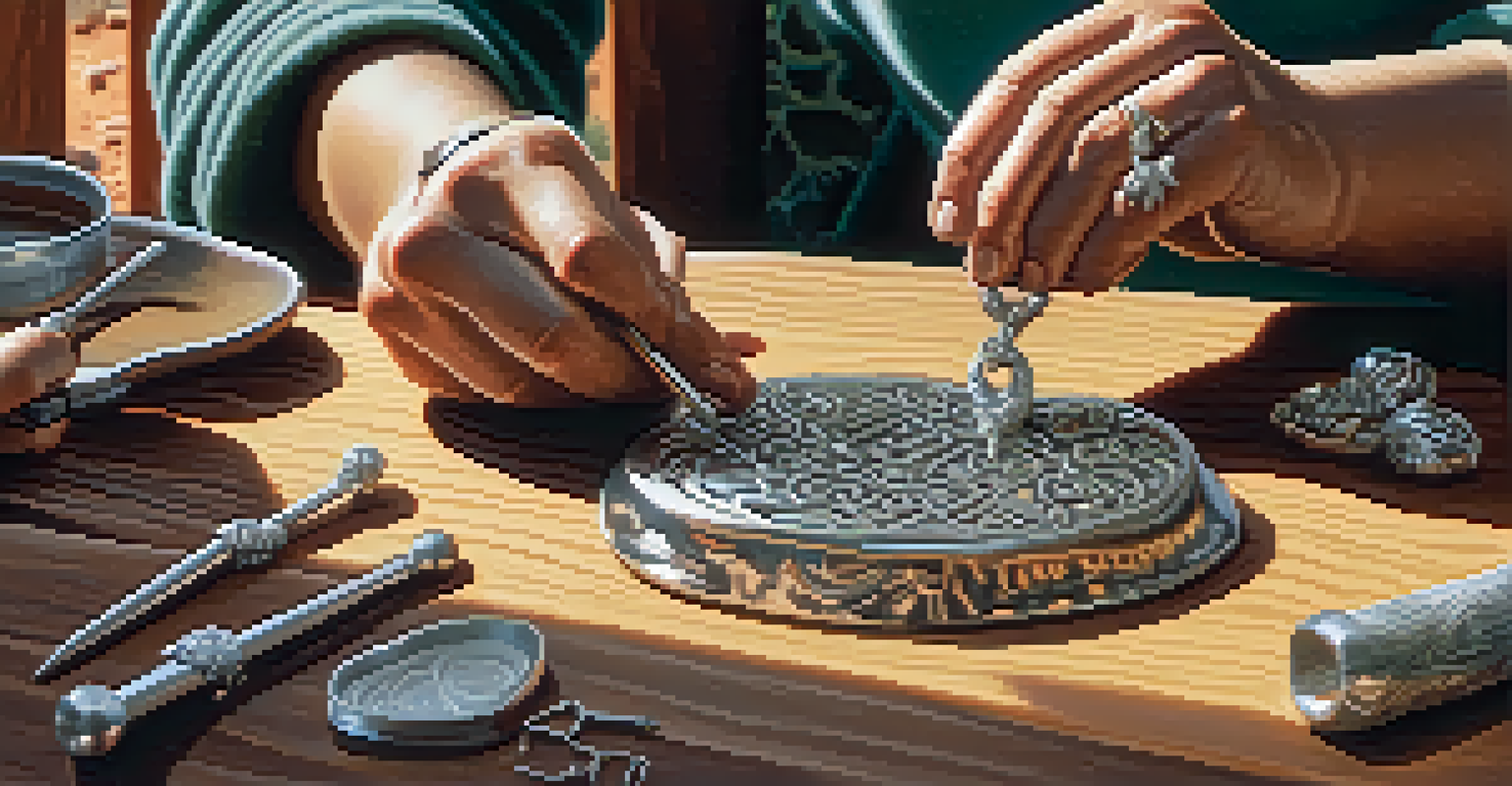 Close-up of hands making silver jewelry, showcasing tools and the beautiful natural backdrop of Sedona.