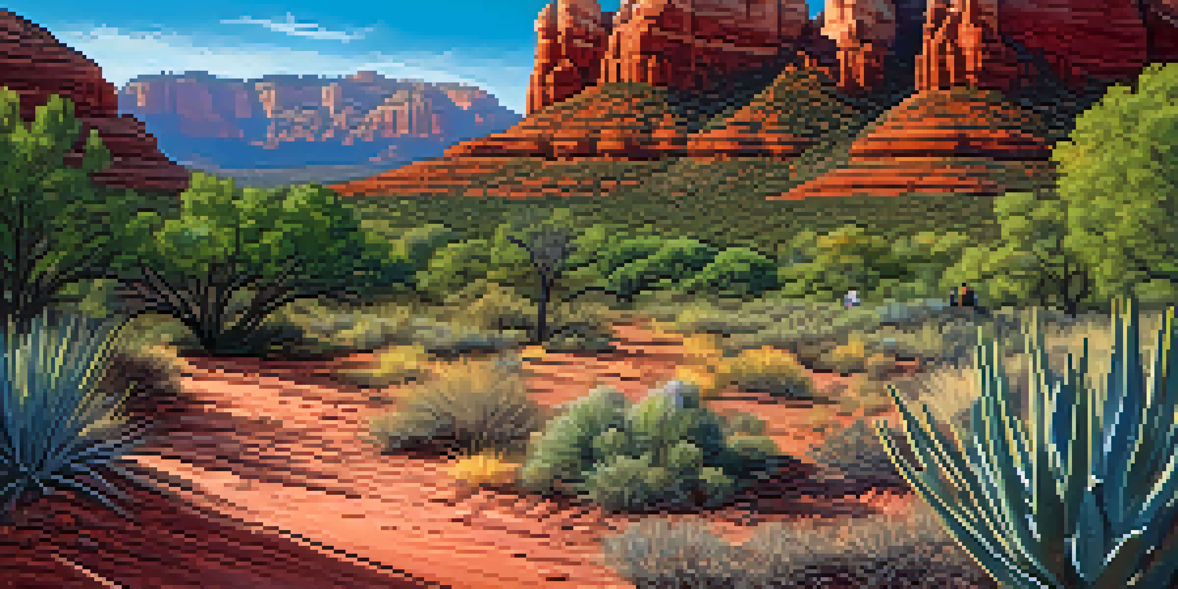 A picturesque view of Sedona's red rock formations with volunteers removing invasive plants in the foreground during sunset.