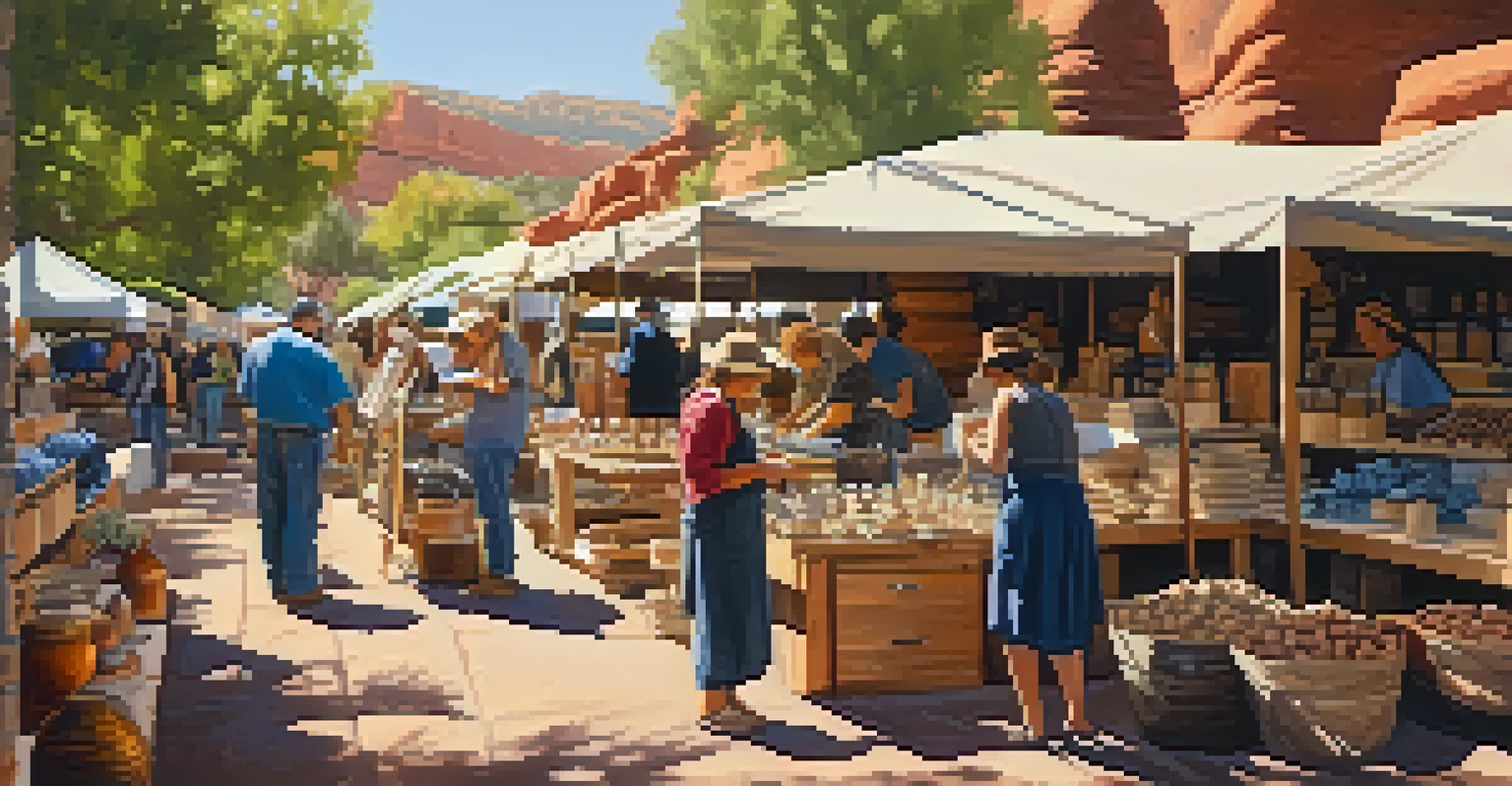 Artisans demonstrating their crafts at Sedona's farmers' market, showcasing pottery and jewelry-making under warm sunlight.