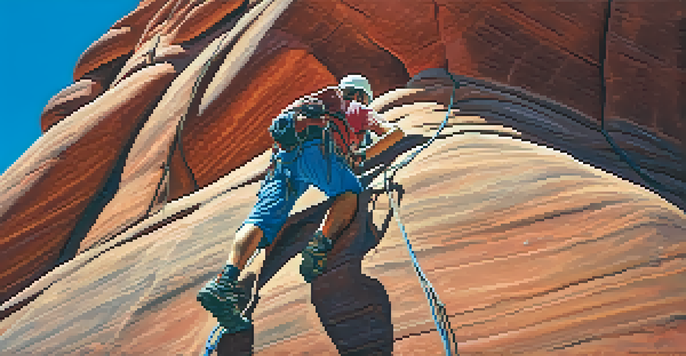 A climber wearing red shoes climbs a smooth sandstone rock face under a clear blue sky, with sunlight illuminating the scene.