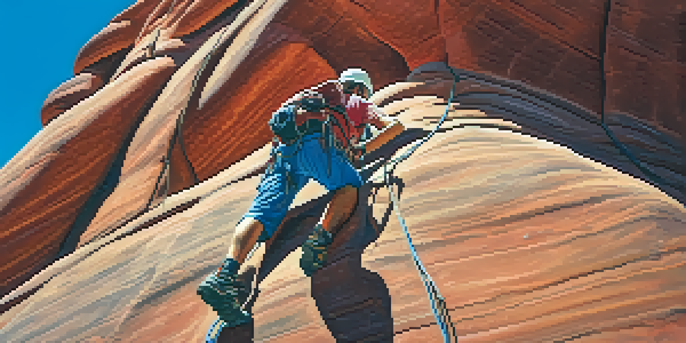 A climber wearing red shoes climbs a smooth sandstone rock face under a clear blue sky, with sunlight illuminating the scene.