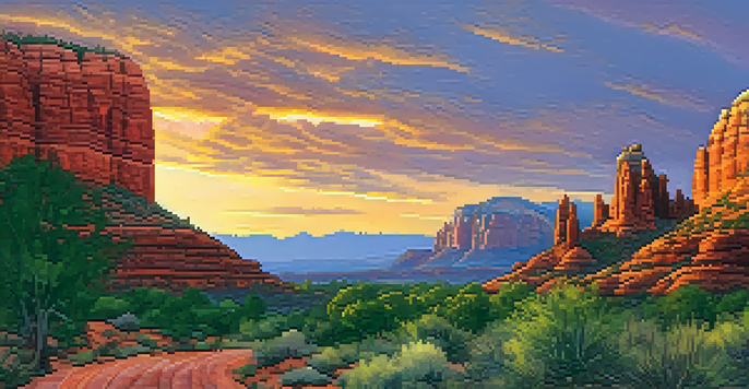 A panoramic view of red rock formations in Sedona during sunset, with a winding trail and vibrant colors in the sky.