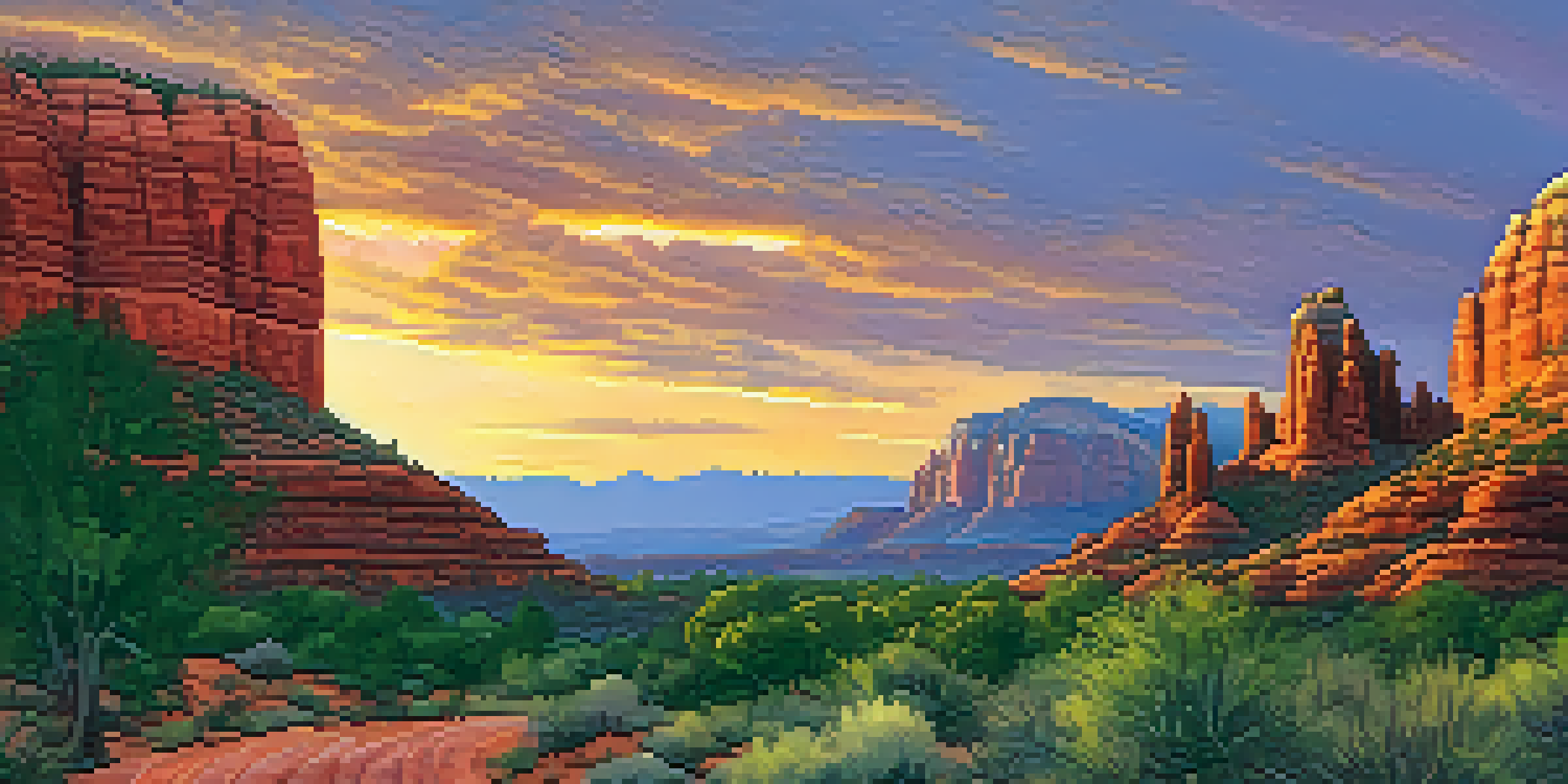 A panoramic view of red rock formations in Sedona during sunset, with a winding trail and vibrant colors in the sky.