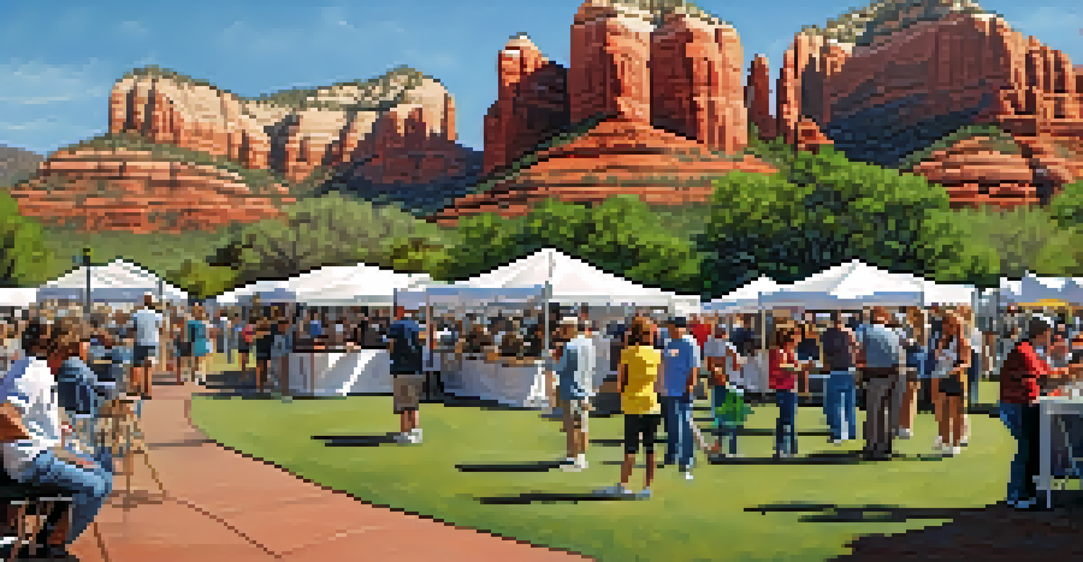 A bustling arts festival with art booths, musicians on stage, and attendees enjoying the scenery of Sedona's red rocks.
