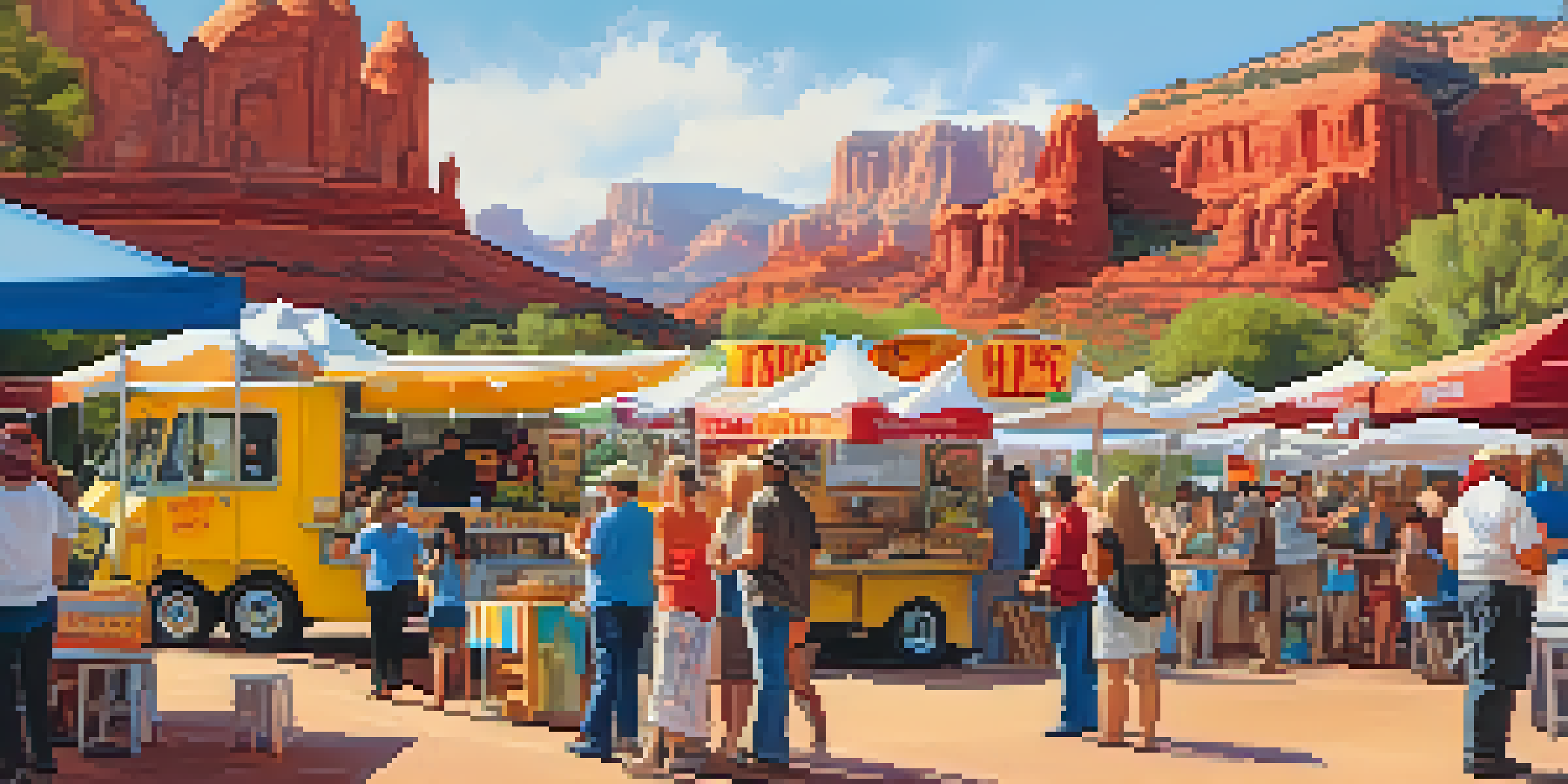 A lively food festival with diverse food trucks and people enjoying food, set against the backdrop of Sedona's red rock formations.
