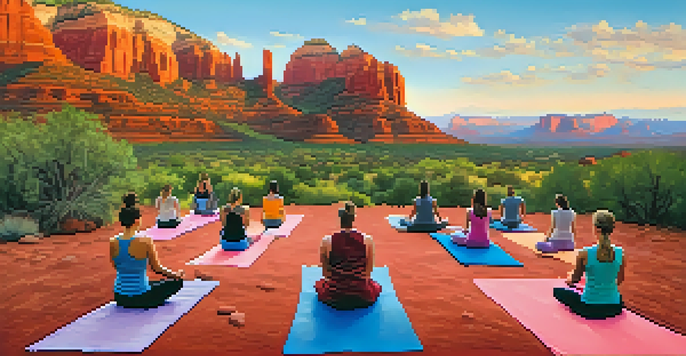 Participants practicing yoga at sunrise on a red rock plateau in Sedona, surrounded by beautiful landscapes and vibrant colors.