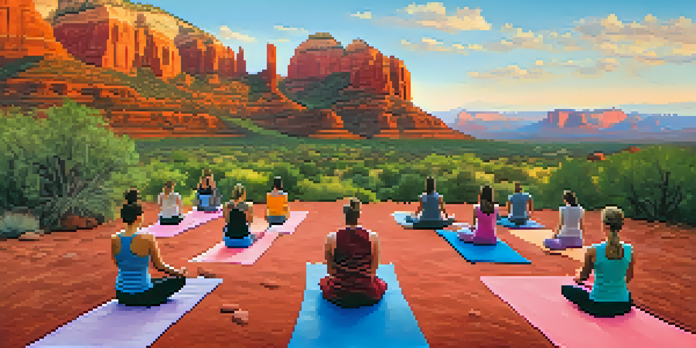 Participants practicing yoga at sunrise on a red rock plateau in Sedona, surrounded by beautiful landscapes and vibrant colors.