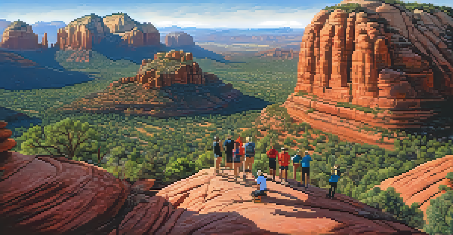 A panoramic view from Bell Rock summit with climbers celebrating and surrounding red rock formations under clear blue sky.