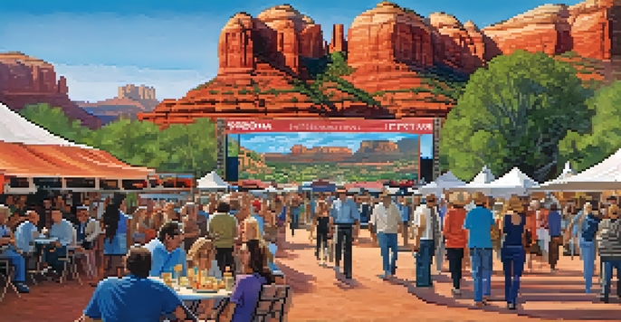 A lively outdoor film festival in Sedona, with attendees watching a movie on a large screen surrounded by red rock formations and colorful festival banners.