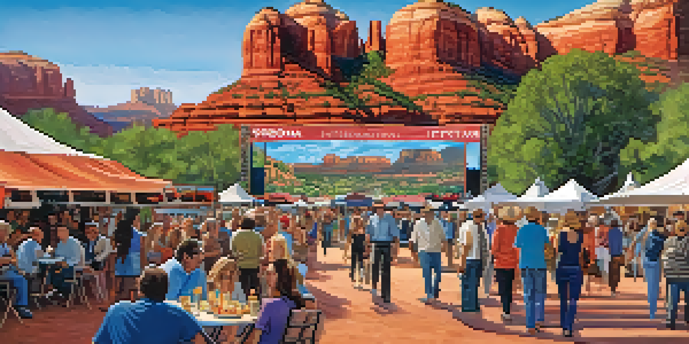 A lively outdoor film festival in Sedona, with attendees watching a movie on a large screen surrounded by red rock formations and colorful festival banners.
