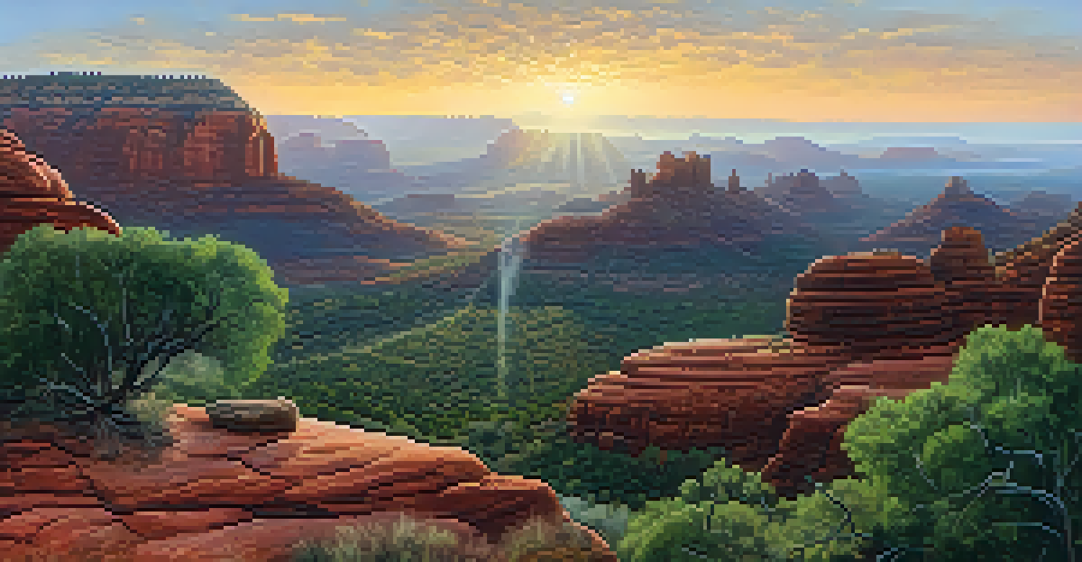 Panoramic view of a Sedona vortex site at dawn, with mist, greenery, and red rock formations in a tranquil setting.