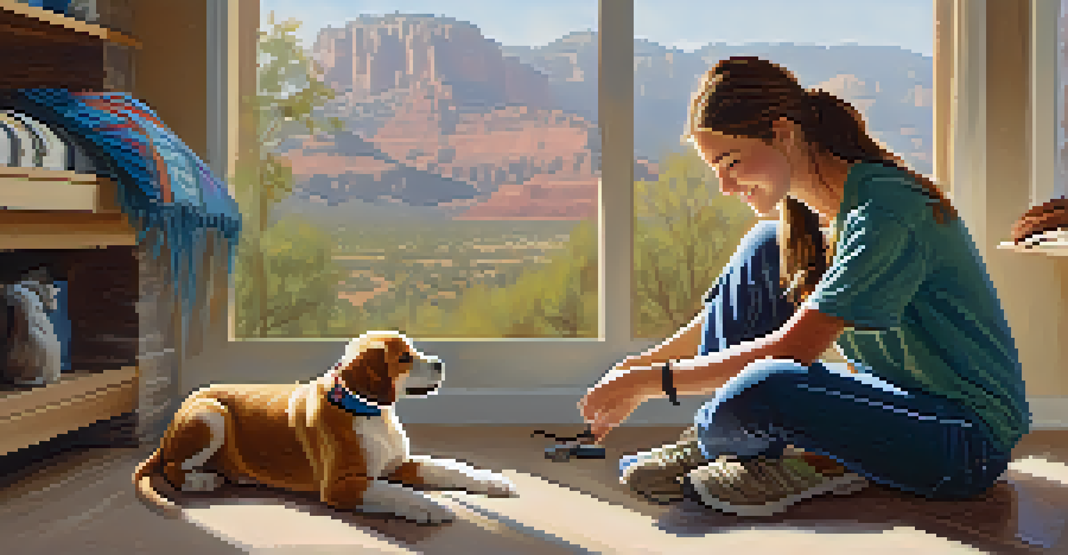 A teenage volunteer smiling while petting a playful puppy at the Humane Society, with sunlight streaming through large windows.