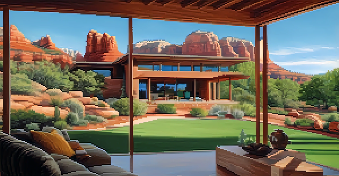 A modern home nestled among the red rock formations of Sedona, Arizona, with large windows and natural materials, surrounded by greenery under a clear blue sky.
