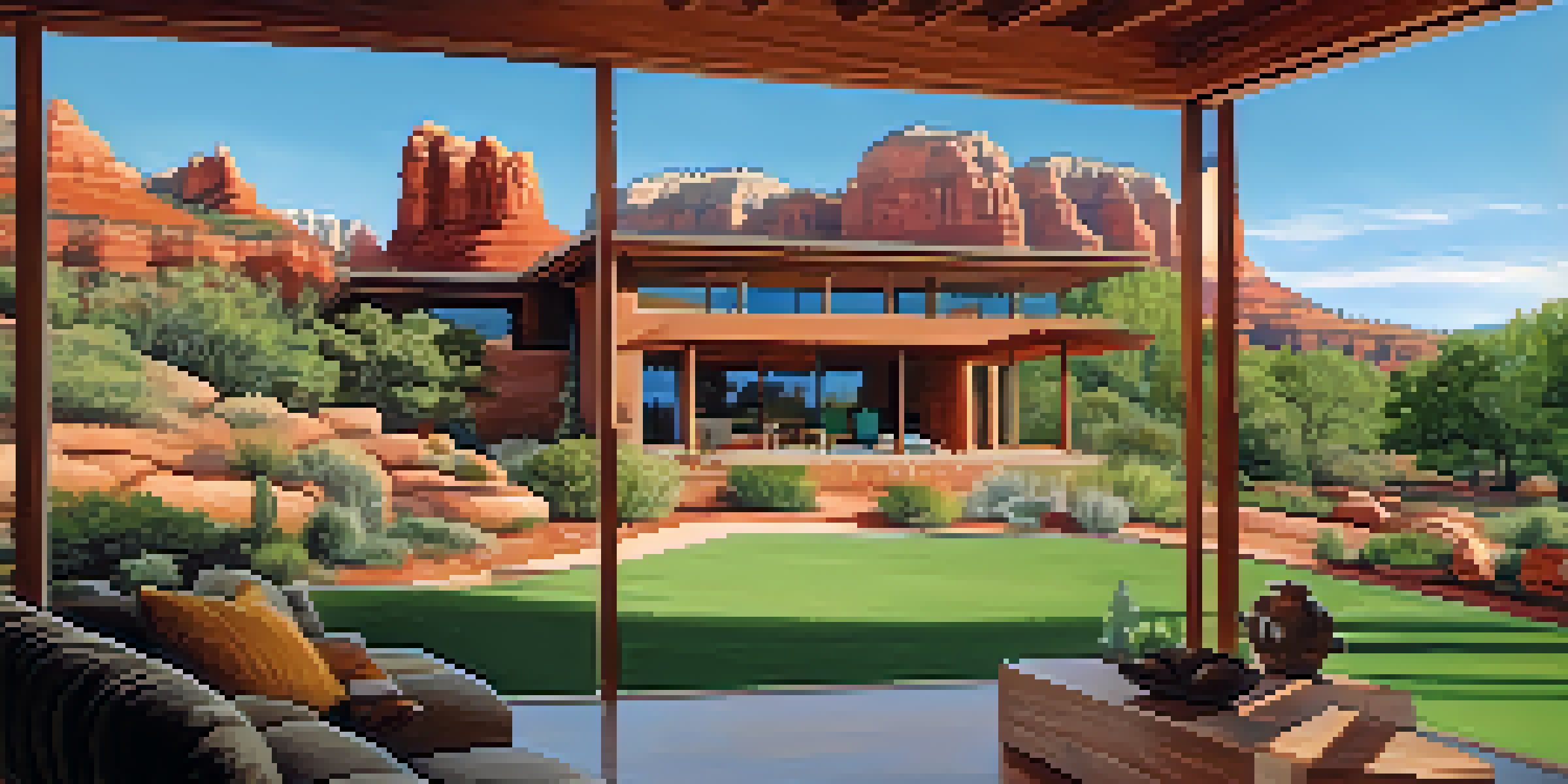 A modern home nestled among the red rock formations of Sedona, Arizona, with large windows and natural materials, surrounded by greenery under a clear blue sky.
