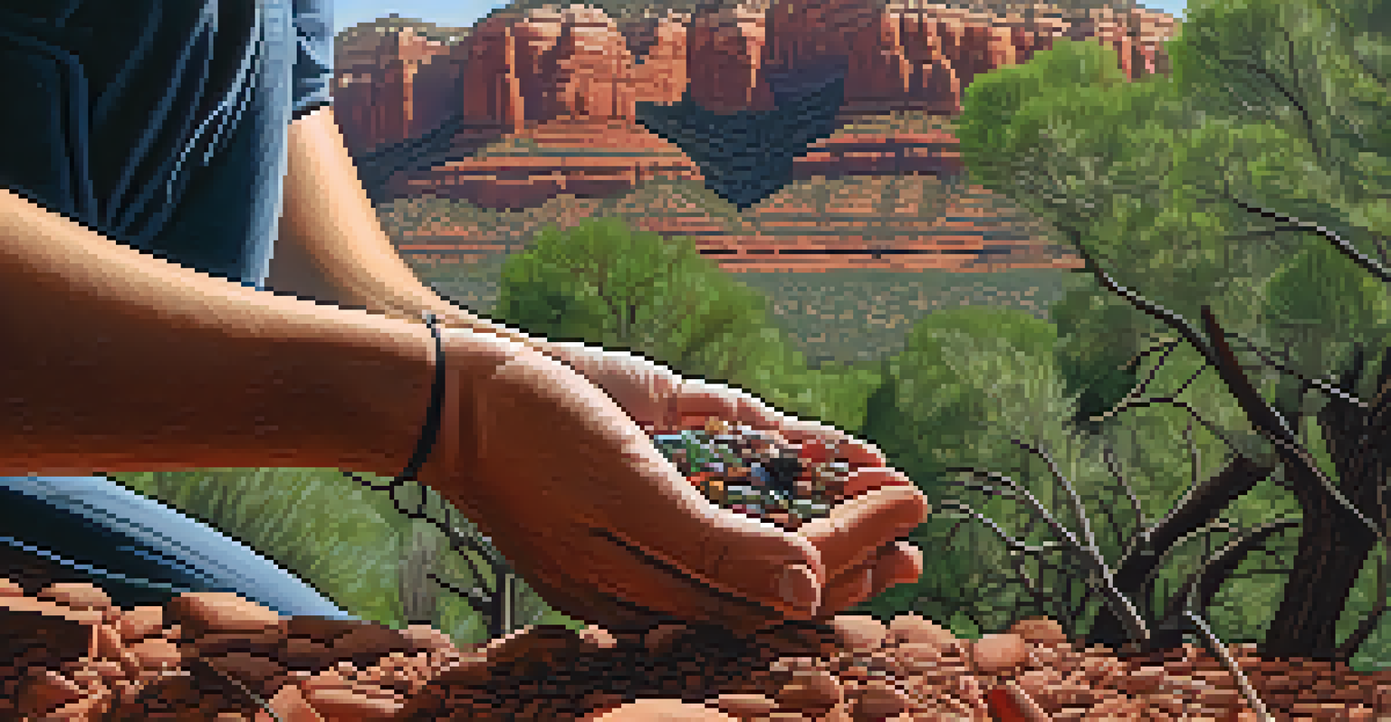 A hiker picking up trash on a Sedona trail, with red rock formations and greenery in the background, promoting the Leave No Trace principle.