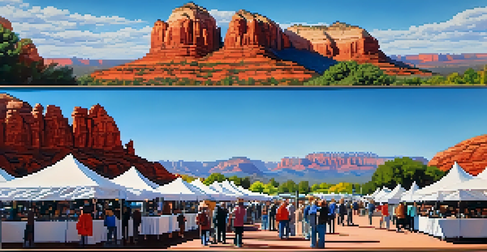 A lively outdoor art fair in Sedona with colorful artist booths and red rock formations in the background.