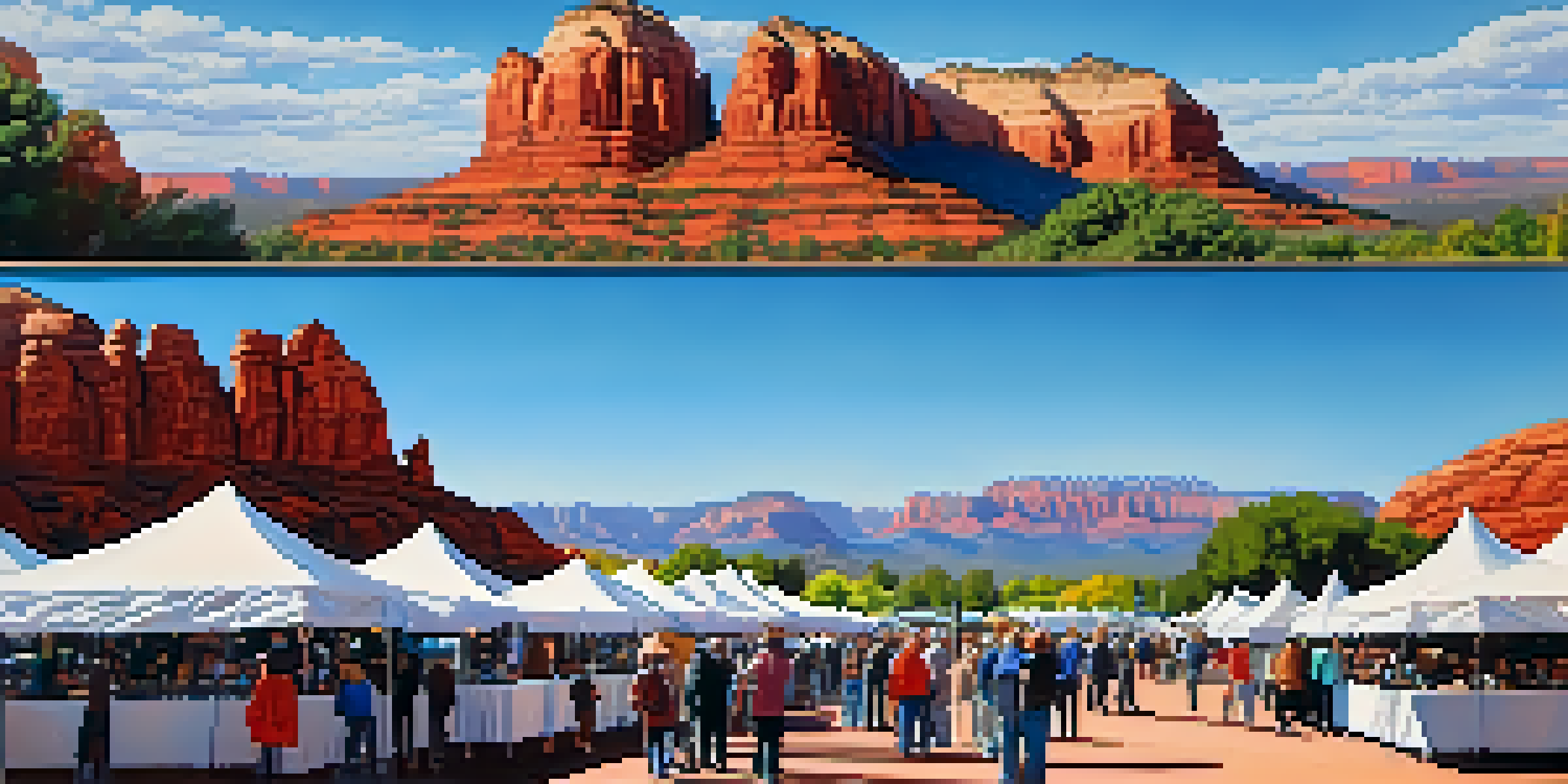 A lively outdoor art fair in Sedona with colorful artist booths and red rock formations in the background.
